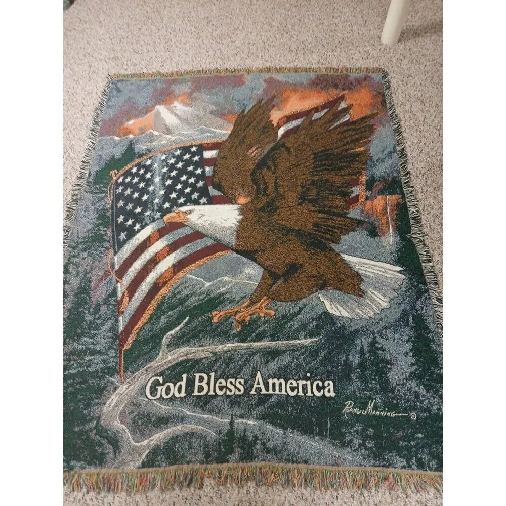 Bald Eagle Blanket Tapestry Ruane Manning Art Throw American Flag 69”x 54